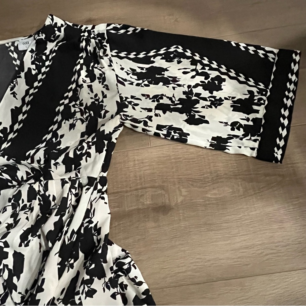 CABI S X Factor Wrap Dress Black White Floral Kimono 3/4 Sleeve A Line Belt NWOT - Picture 7 of 11